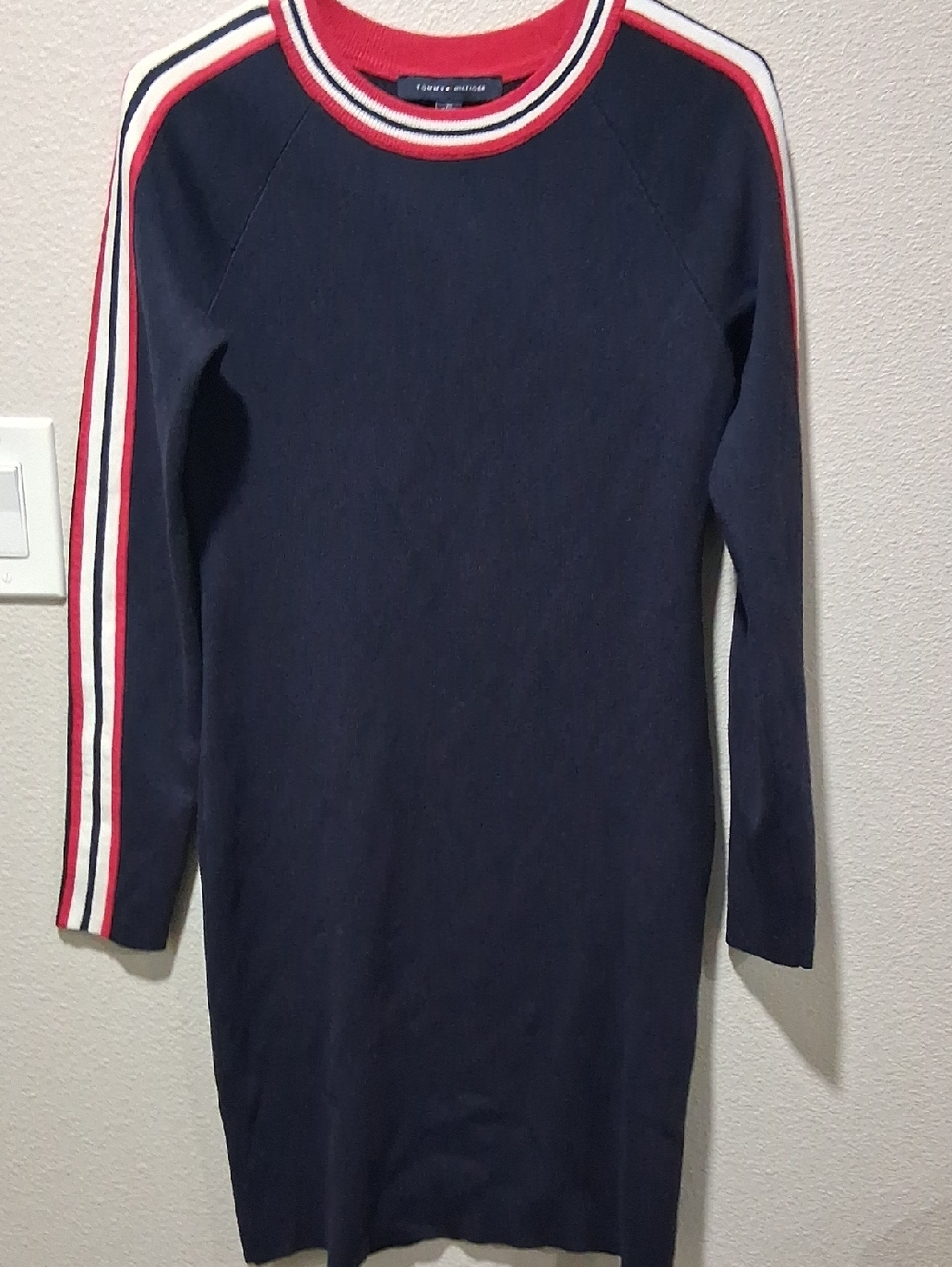 Tommy Hilfiger Navy Sweater Dress with Red & White Stripe Trim